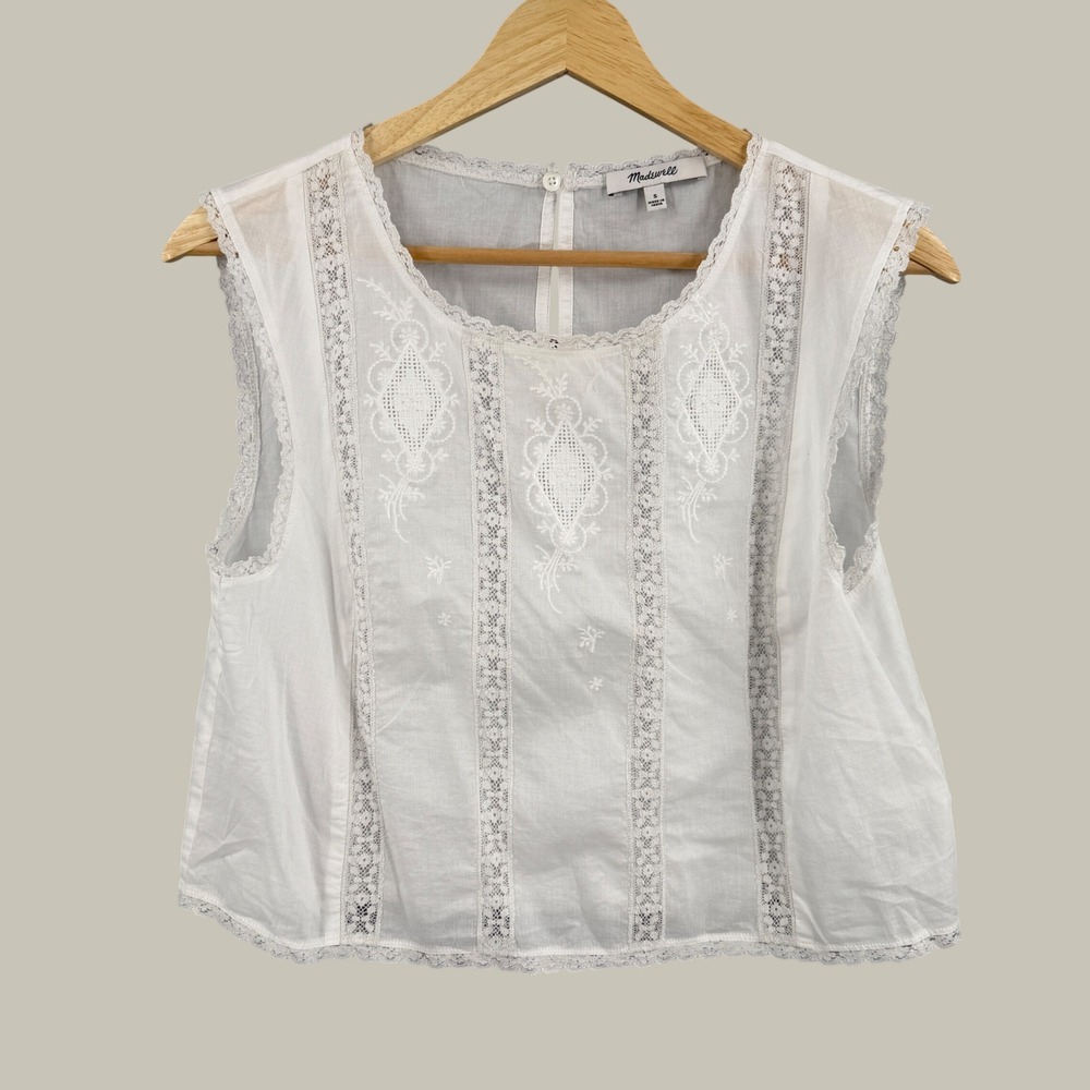Madewell Sleeveless Top Small White Lace Trim Embroidered Cotton